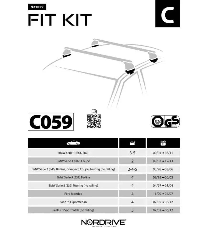 Kit attacchi per barre auto portatutto bmw s1 9/04(e87 s3 berlina 1/982/05,s n21059