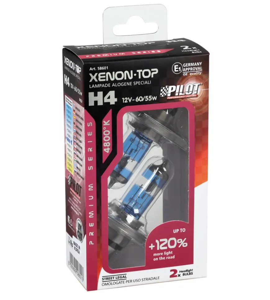 Lampada alogena 12v xenon top +120% luce - h4 - 60/55w - p43t - 2 pz - scatola 58601