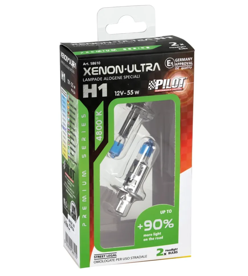 Lampada alogena 12v xenon ultra +90% luce - h1 - 55w - p14,5s - 2 pz - scatola 58610