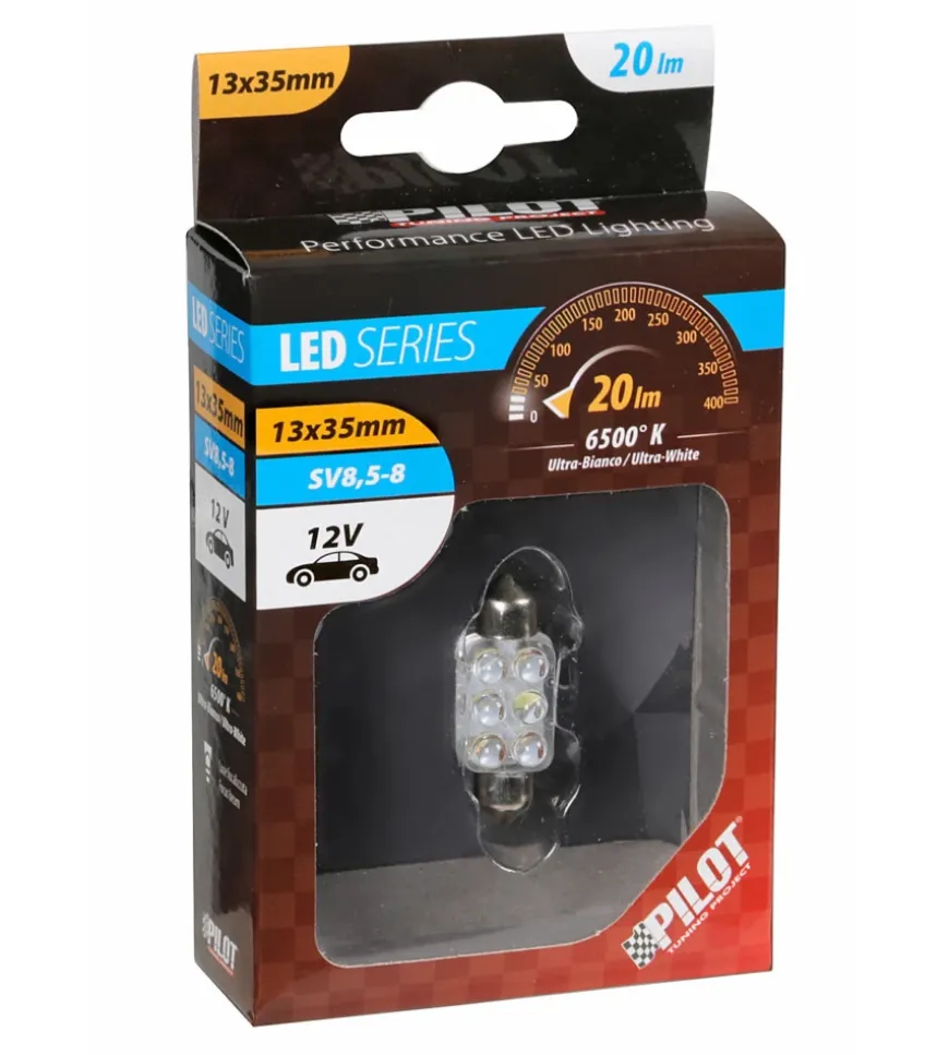 Lampada siluro 6 led 12v - 13x35 mm - sv8,5-8 - 1 pz - scatola - bianco 58429