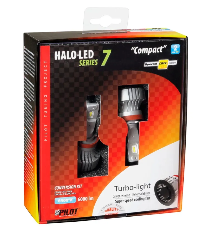 Lampade led per auto 9-32v halo led serie 7 compact - (h8-h9-h11-h16) - 36w - pgj19-x - 2 pz - scatola 57779