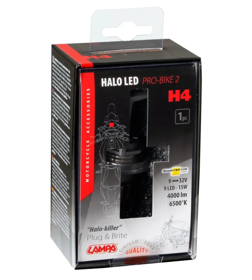 Lampade led per auto 9-32v halo led pro-bike 2 - (h4) - 15w - p43t - 1 pz - scatola 57749