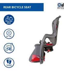 Seggiolino posteriore grigio scuro e rosso per bicicletta per bambini, max. 22 kg, da 3 a 8 anni - si fissa al portapacchi