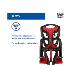 Seggiolino posteriore nero e rosso per bicicletta per bambini, max. 22 kg, da 3 a 8 anni - si fissa al portapacchi