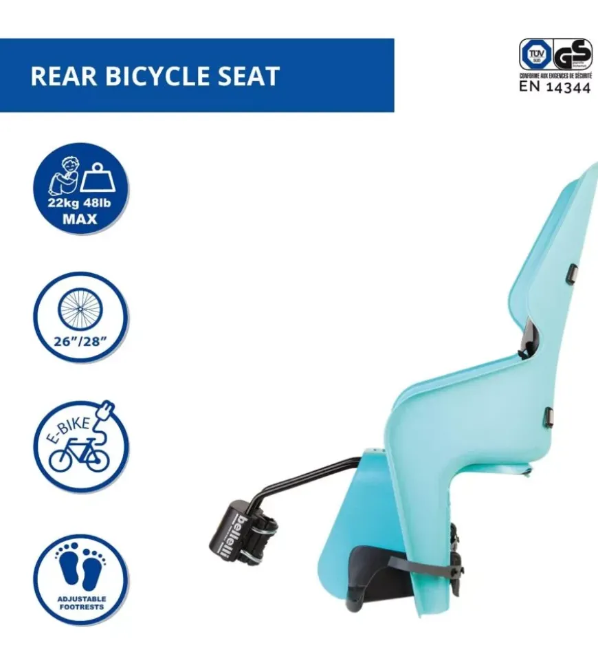 Seggiolino posteriore per bicicletta bellelli "lotus" sky blue, portata massima 22 kg